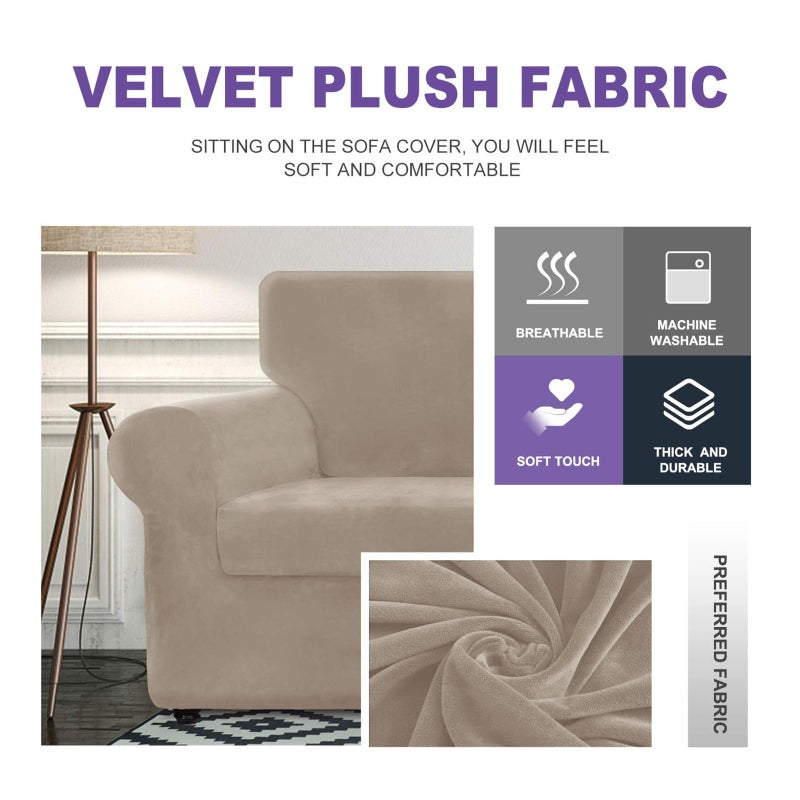 ZNSAYOTX Luxury Velvet Chair Slipcovers with Arms 2 Piece Stretch Chair Covers for Living Room Thick Soft Armchair Slipcover Anti Slip Dog Pet Friendly Furniture Protector (Khaki),30"-47"(1 Cushion) - Image 3